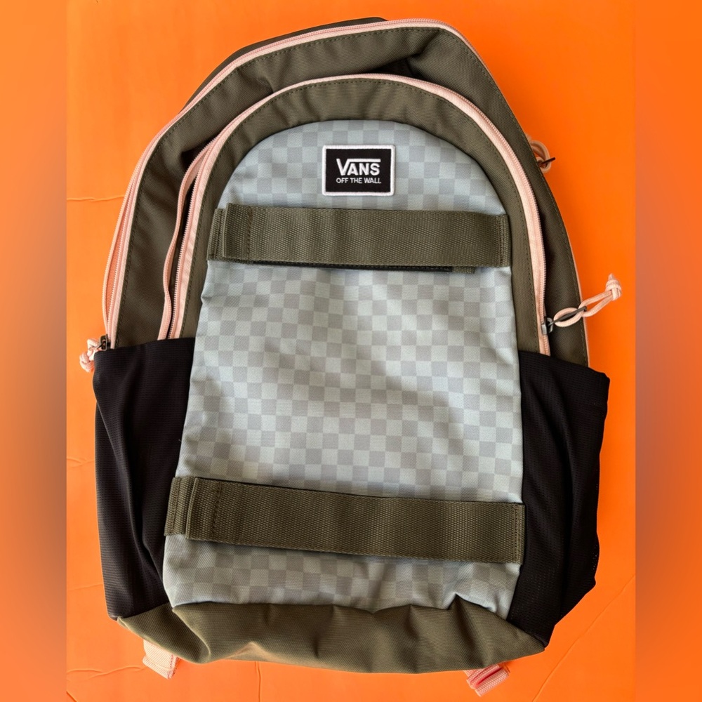 Van’s Backpack dark green, grey, black, pink zippers- NEW